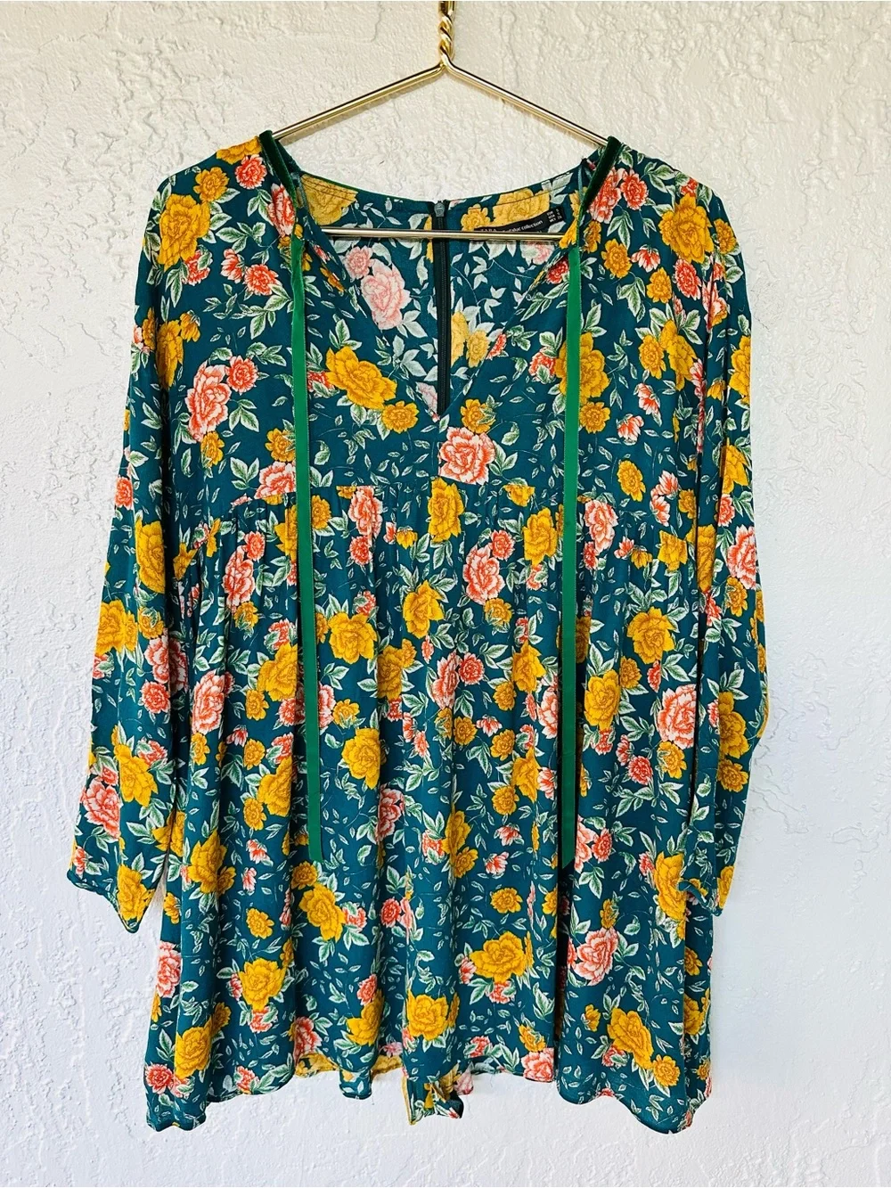 Zara Trafaluc Collection Floral Babydoll Tie Neck Boho Long Sleeve Romper Dress